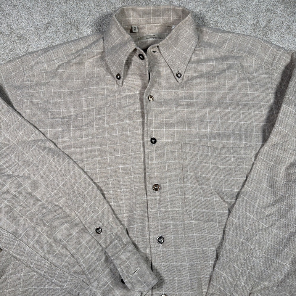 Ermenegildo Zegna Flannel Button Up Shirt Mens 41/16 Cotton Windowpane Beige